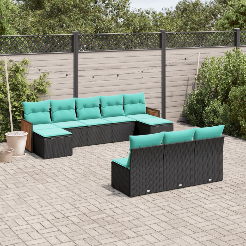10-teiliges Gartensofa-Set mit Kissen, schwarzes Polyrattan