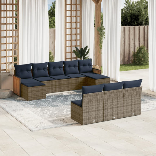 10-teiliges Gartensofa-Set mit Kissen, grau, Polyrattan