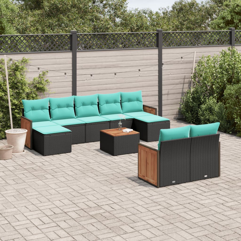 10-teiliges Gartensofa-Set mit Kissen, schwarzes Polyrattan