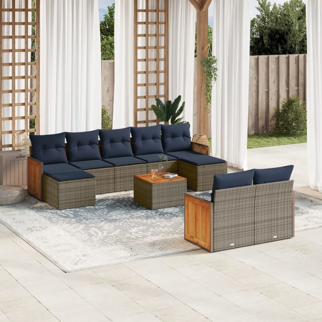10-teiliges Gartensofa-Set mit Kissen, grau, Polyrattan