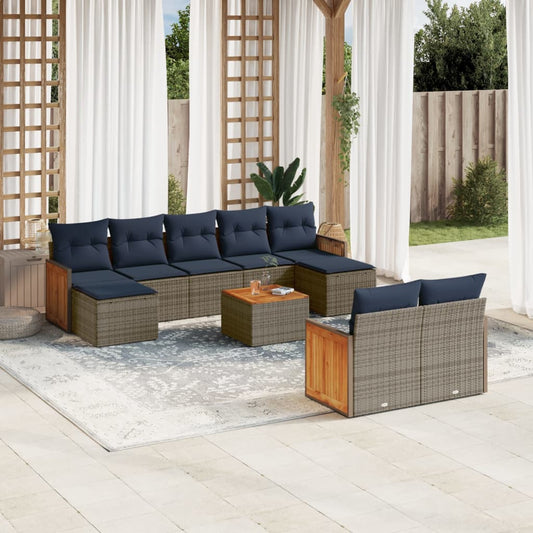 10-teiliges Gartensofa-Set mit Kissen, grau, Polyrattan