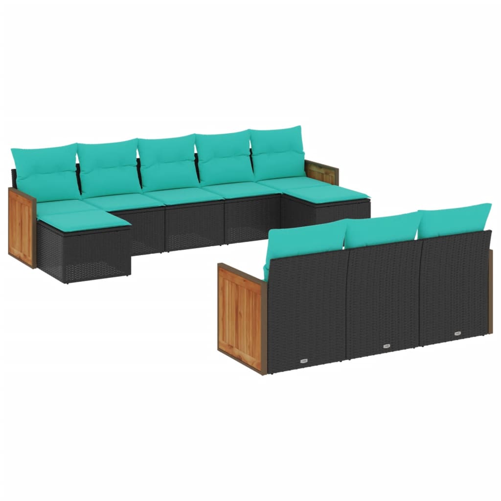 10-teiliges Gartensofa-Set mit Kissen, schwarzes Polyrattan