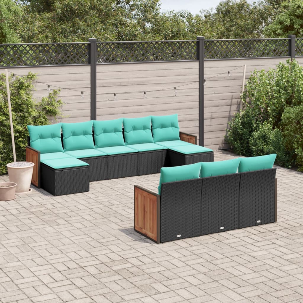 10-teiliges Gartensofa-Set mit Kissen, schwarzes Polyrattan