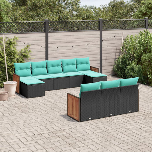 10-teiliges Gartensofa-Set mit Kissen, schwarzes Polyrattan