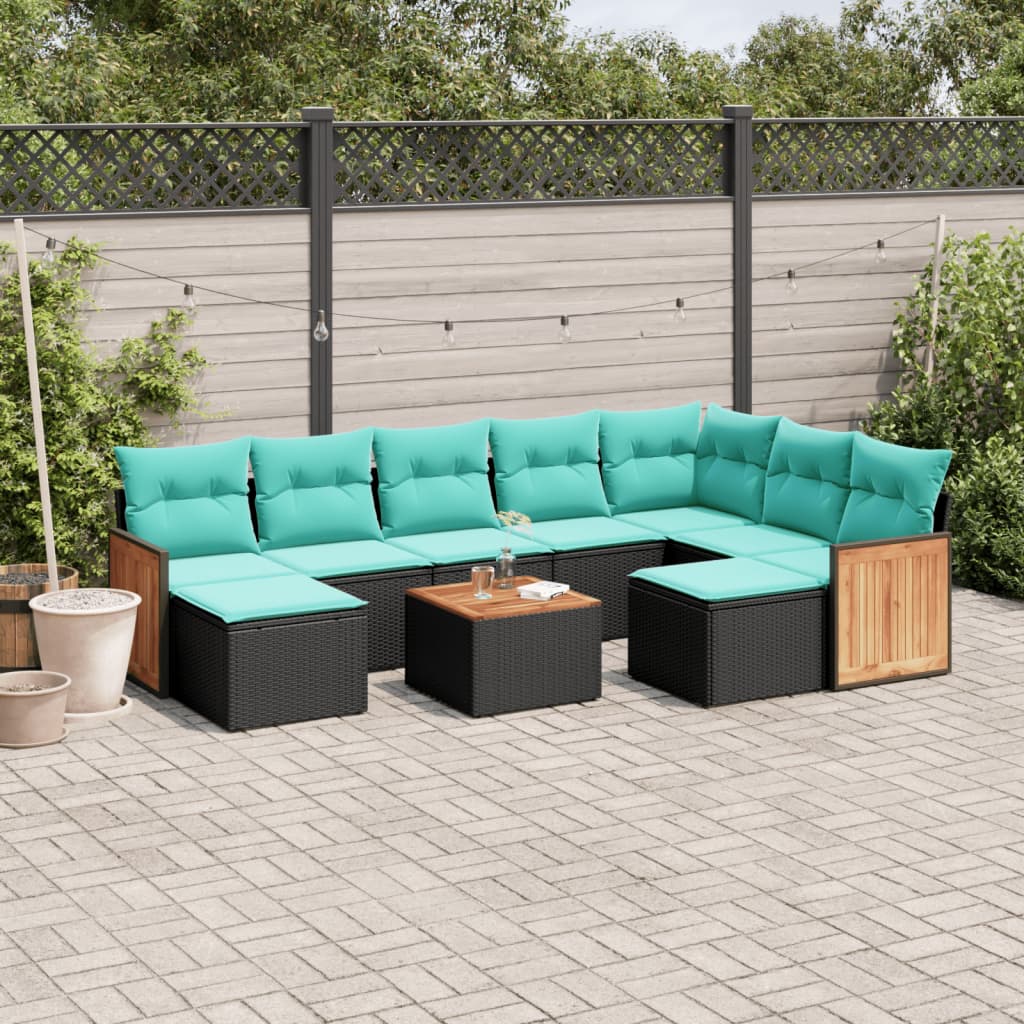 10-teiliges Gartensofa-Set mit Kissen, schwarzes Polyrattan
