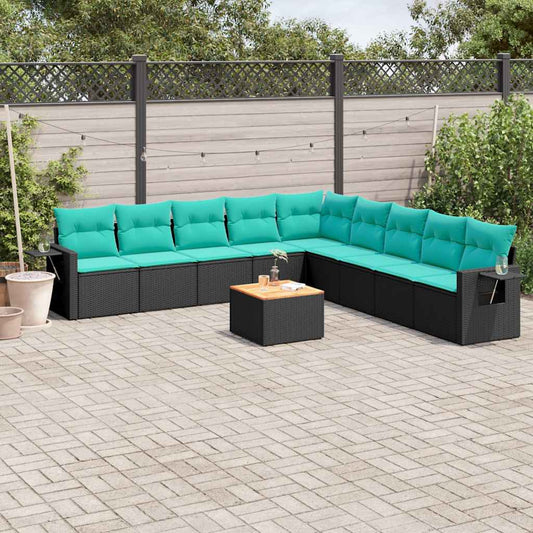 10-teiliges Gartensofa-Set mit Kissen, schwarzes Polyrattan