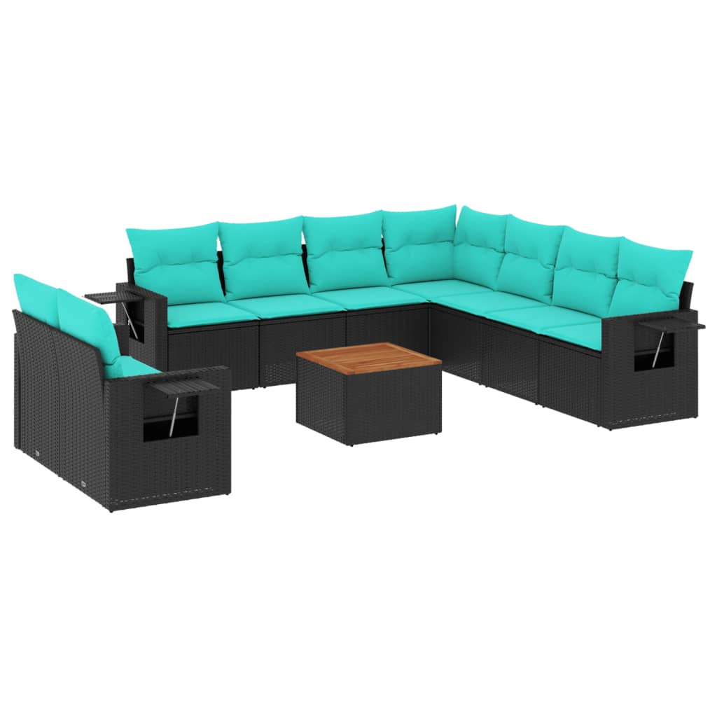 10-teiliges Gartensofa-Set mit Kissen, schwarzes Polyrattan