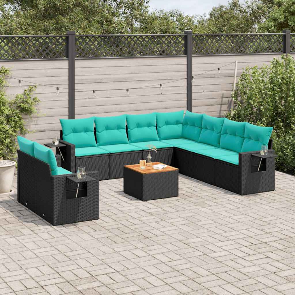 10-teiliges Gartensofa-Set mit Kissen, schwarzes Polyrattan
