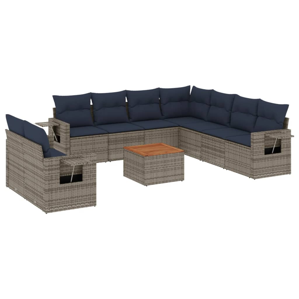 10-teiliges Gartensofa-Set mit Kissen, grau, Polyrattan