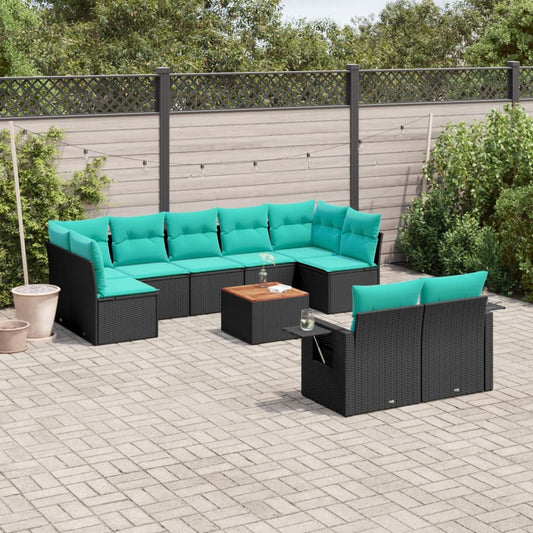10-teiliges Gartensofa-Set mit Kissen, schwarzes Polyrattan