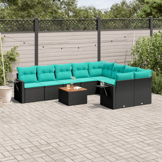 10-teiliges Gartensofa-Set mit Kissen, schwarzes Polyrattan