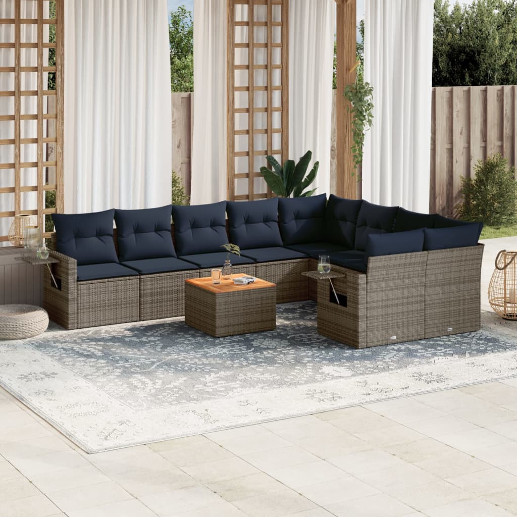 10-teiliges Gartensofa-Set mit Kissen, grau, Polyrattan