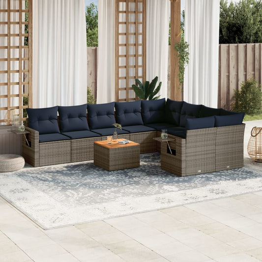 10-teiliges Gartensofa-Set mit Kissen, grau, Polyrattan