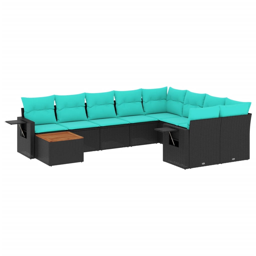 10-teiliges Gartensofa-Set mit Kissen, schwarzes Polyrattan