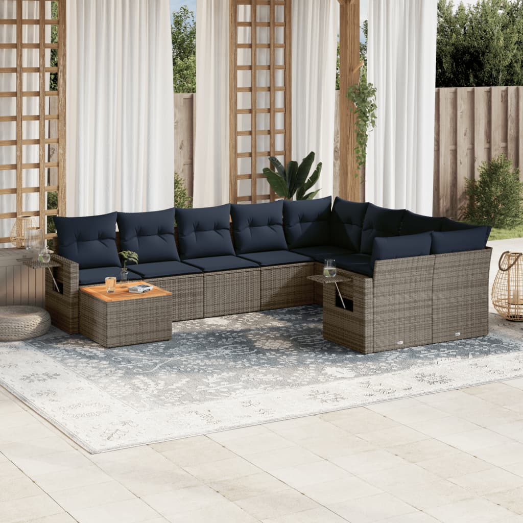 10-teiliges Gartensofa-Set mit Kissen, grau, Polyrattan