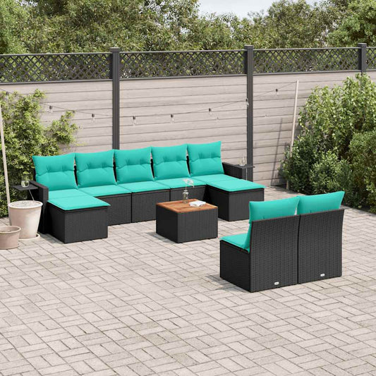 10-teiliges Gartensofa-Set mit Kissen, schwarzes Polyrattan