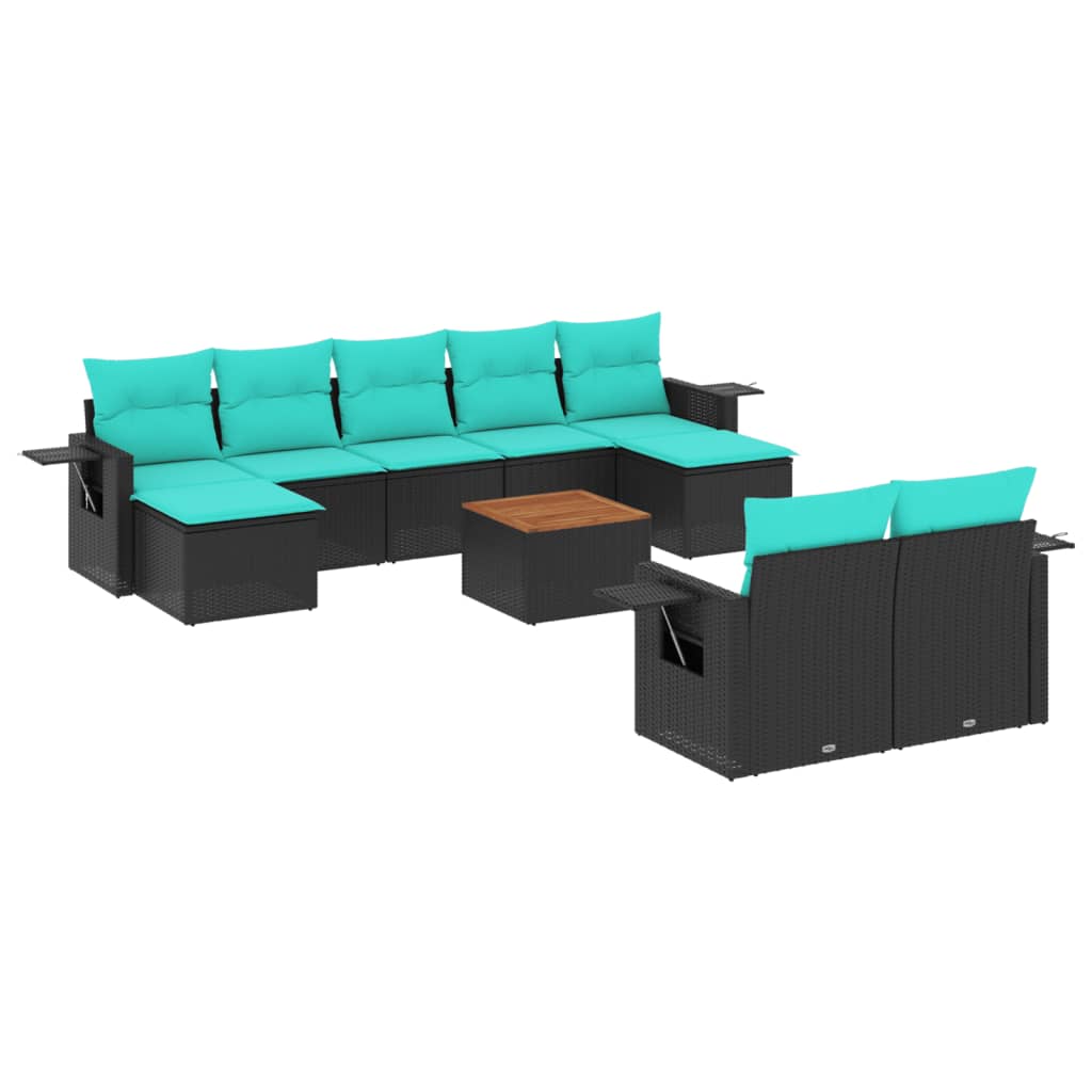 10-teiliges Gartensofa-Set mit Kissen, schwarzes Polyrattan