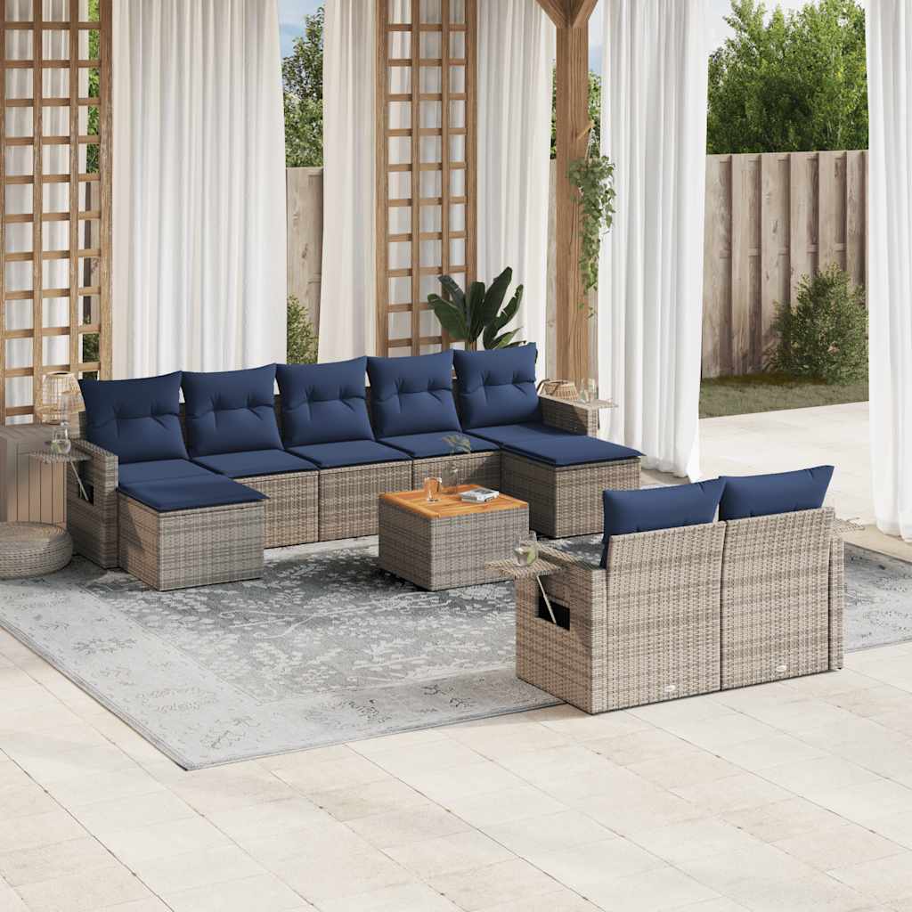 10-teiliges Gartensofa-Set mit Kissen, grau, Polyrattan