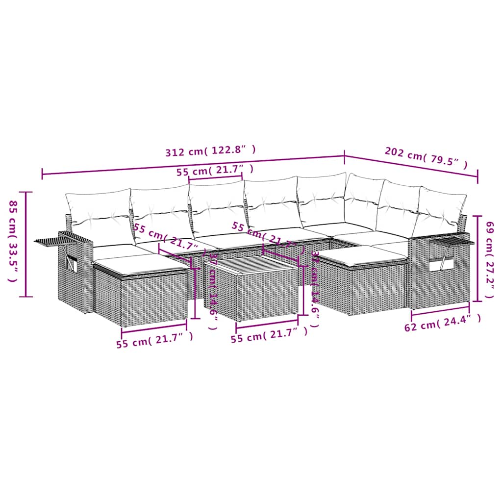 10-teiliges Gartensofa-Set mit Kissen, grau, Polyrattan