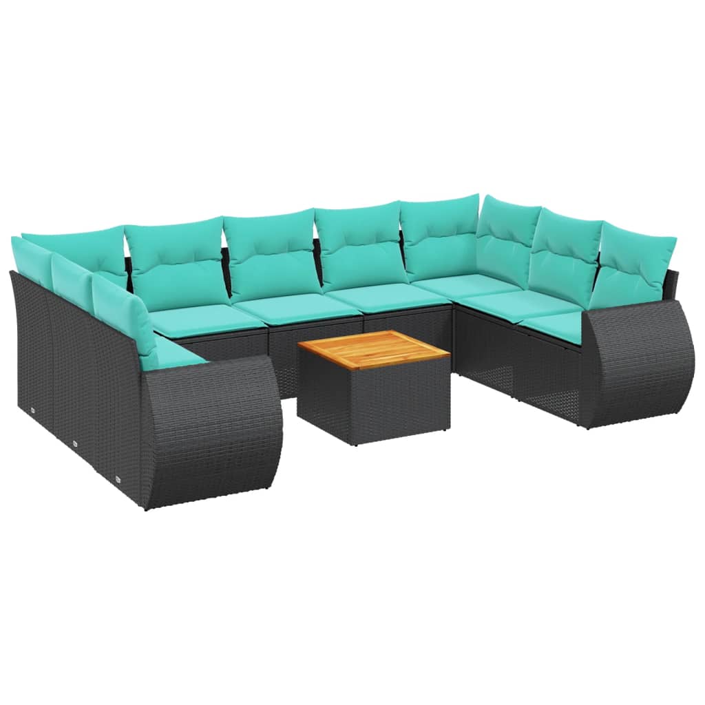 10-teiliges Gartensofa-Set mit Kissen, schwarzes Polyrattan