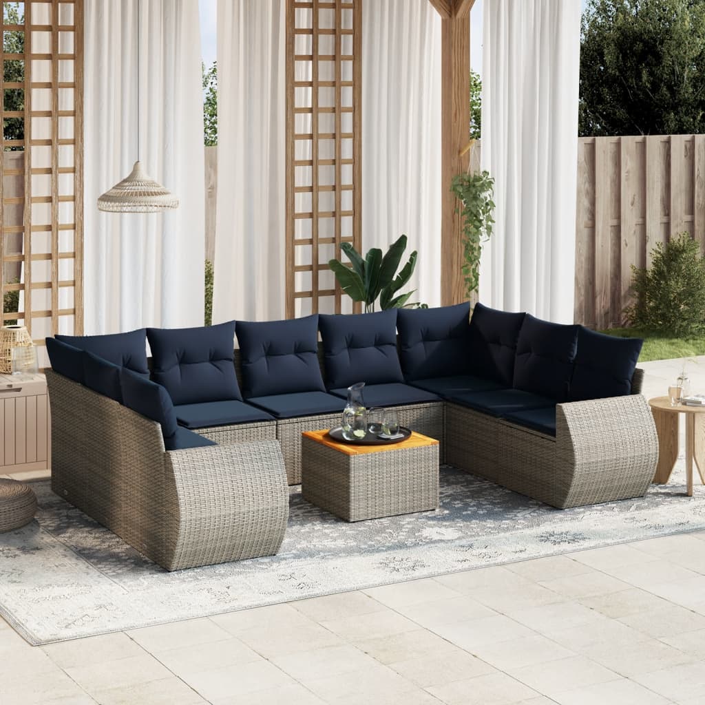 10-teiliges Gartensofa-Set mit Kissen, grau, Polyrattan