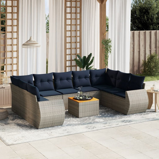 10-teiliges Gartensofa-Set mit Kissen, grau, Polyrattan