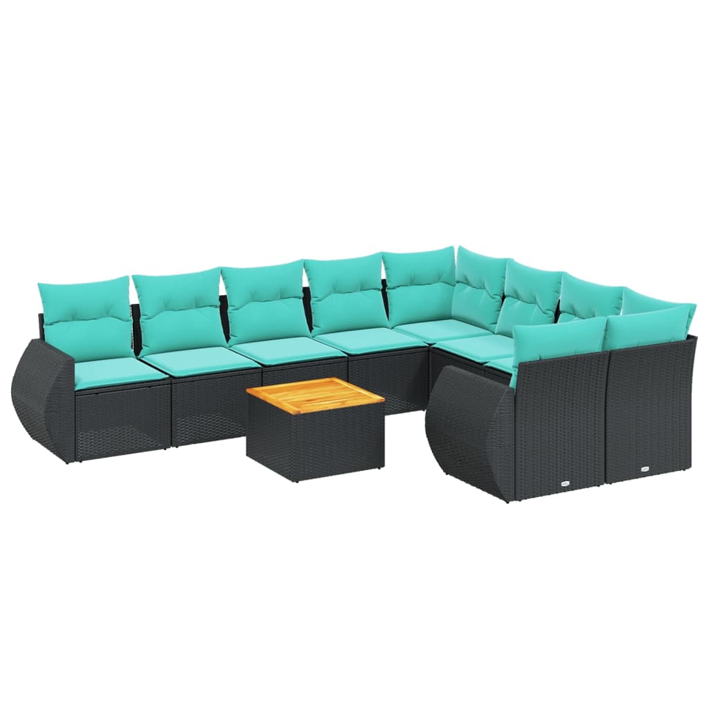 10-teiliges Gartensofa-Set mit Kissen, schwarzes Polyrattan