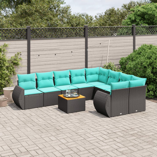 10-teiliges Gartensofa-Set mit Kissen, schwarzes Polyrattan