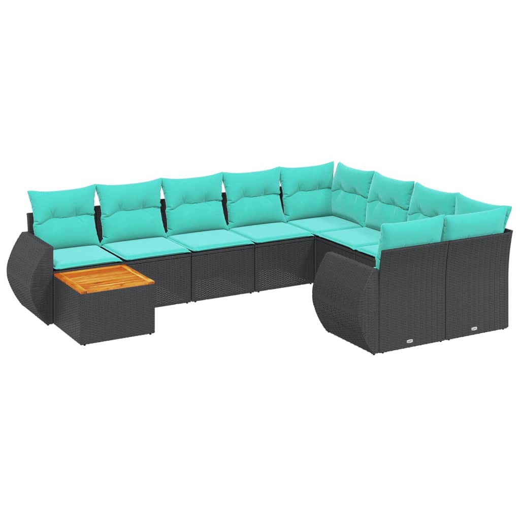 10-teiliges Gartensofa-Set mit Kissen, schwarzes Polyrattan