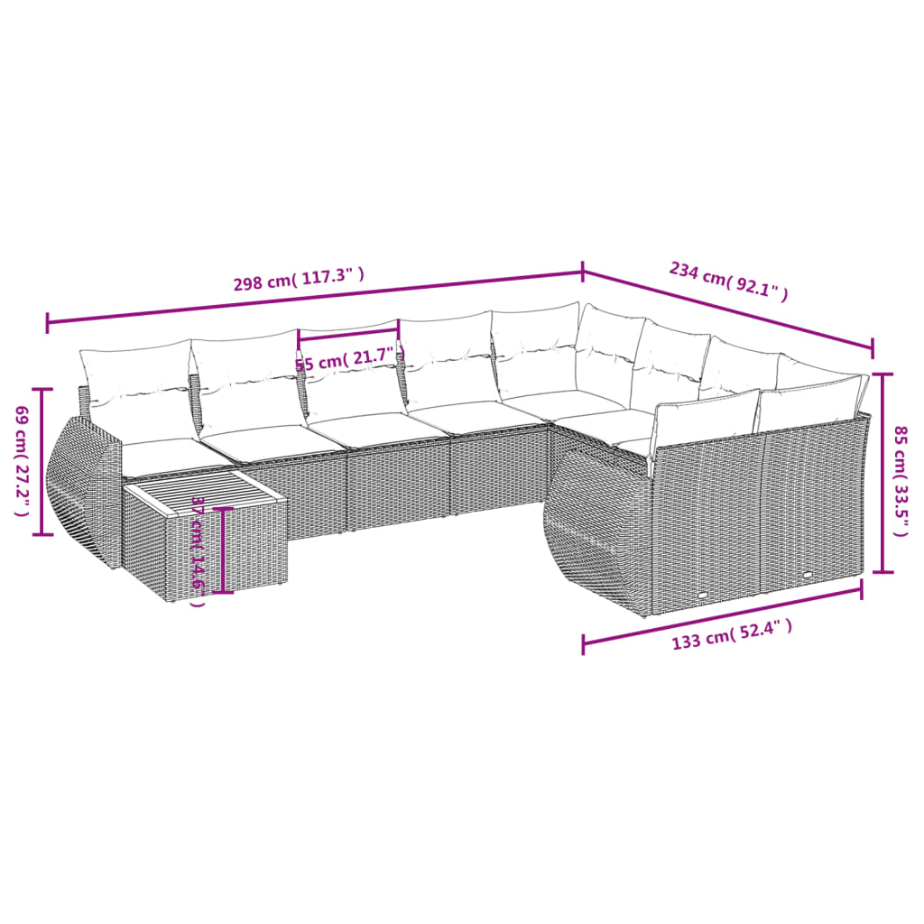 10-teiliges Gartensofa-Set mit Kissen, schwarzes Polyrattan