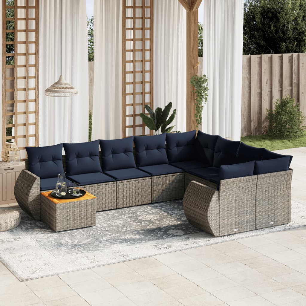 10-teiliges Gartensofa-Set mit Kissen, grau, Polyrattan