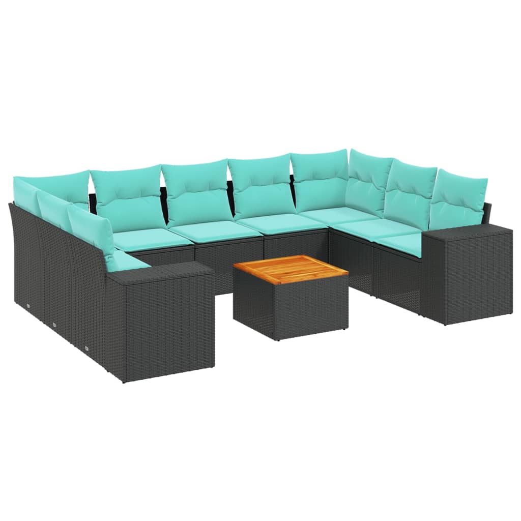 10-teiliges Gartensofa-Set mit Kissen, schwarzes Polyrattan