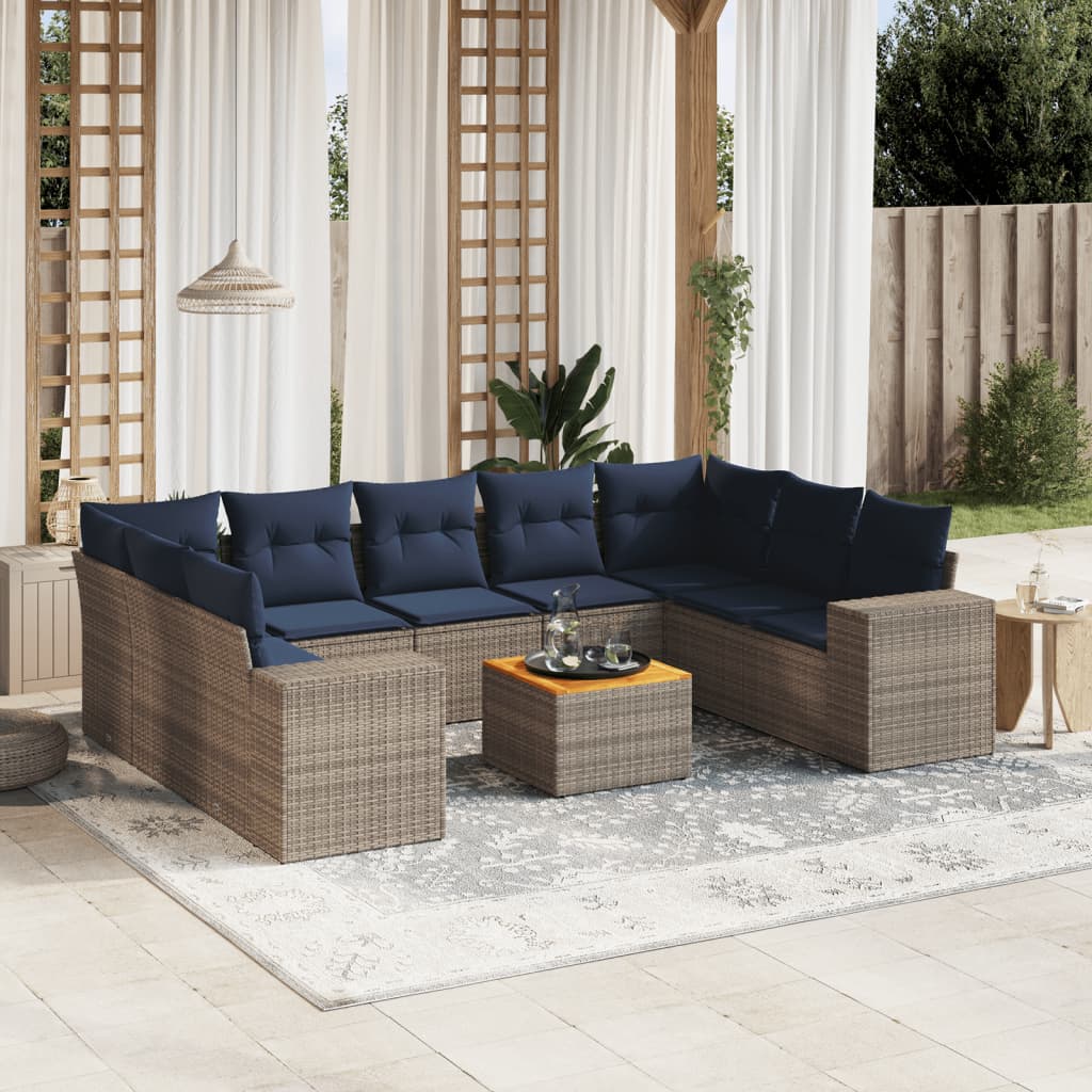 10-teiliges Gartensofa-Set mit Kissen, grau, Polyrattan