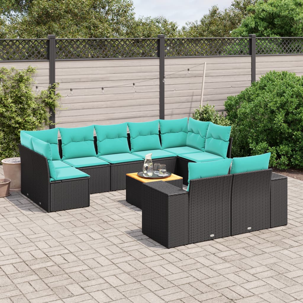 10-teiliges Gartensofa-Set mit Kissen, schwarzes Polyrattan