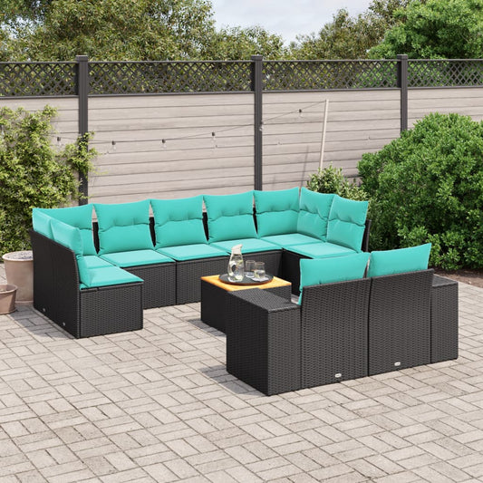 10-teiliges Gartensofa-Set mit Kissen, schwarzes Polyrattan