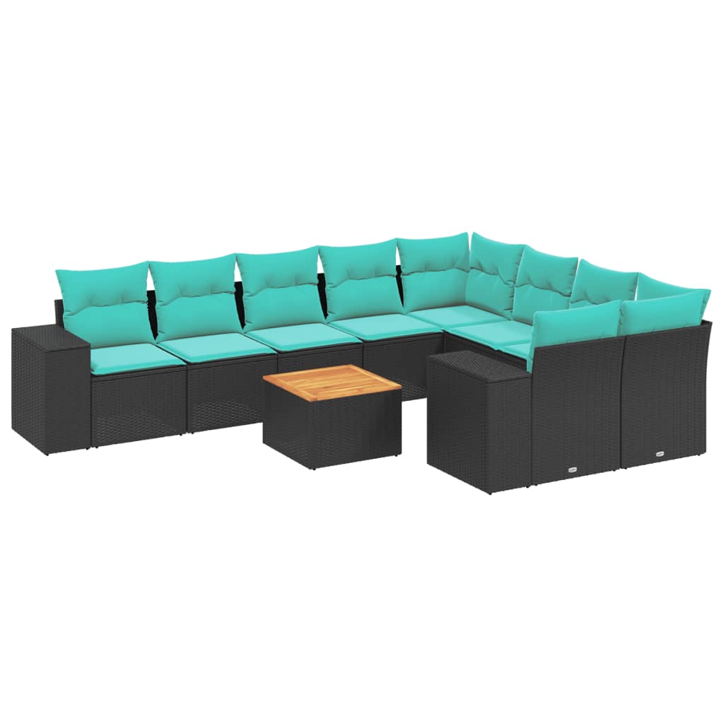 10-teiliges Gartensofa-Set mit Kissen, schwarzes Polyrattan