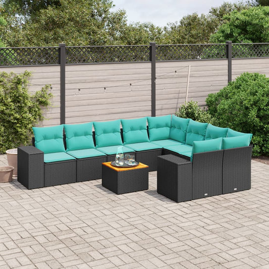 10-teiliges Gartensofa-Set mit Kissen, schwarzes Polyrattan