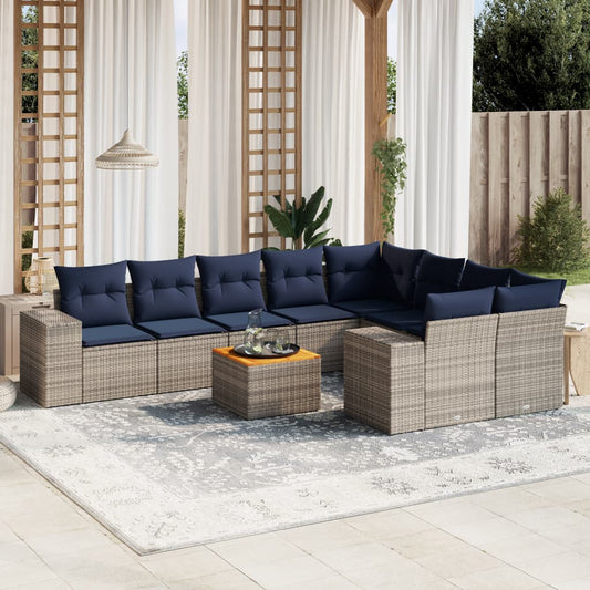 10-teiliges Gartensofa-Set mit Kissen, grau, Polyrattan