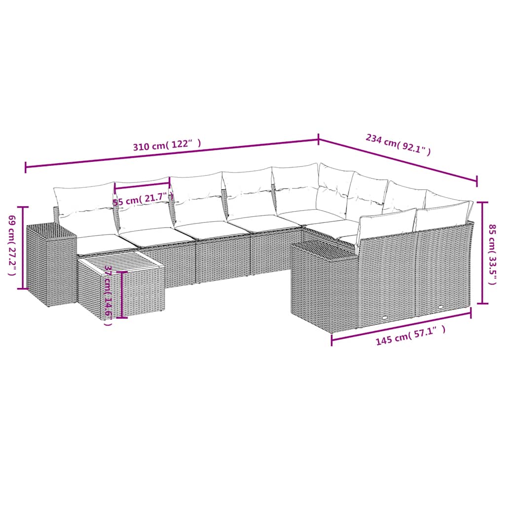 10-teiliges Gartensofa-Set mit Kissen, schwarzes Polyrattan