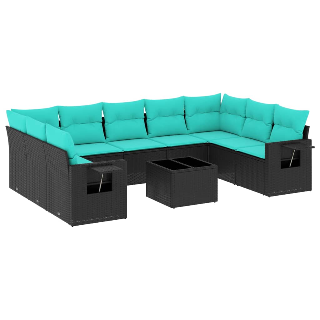 10-teiliges Gartensofa-Set mit Kissen, schwarzes Polyrattan