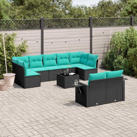 10-teiliges Gartensofa-Set mit Kissen, schwarzes Polyrattan