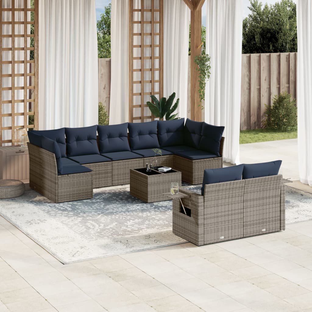 10-teiliges Gartensofa-Set mit Kissen, grau, Polyrattan