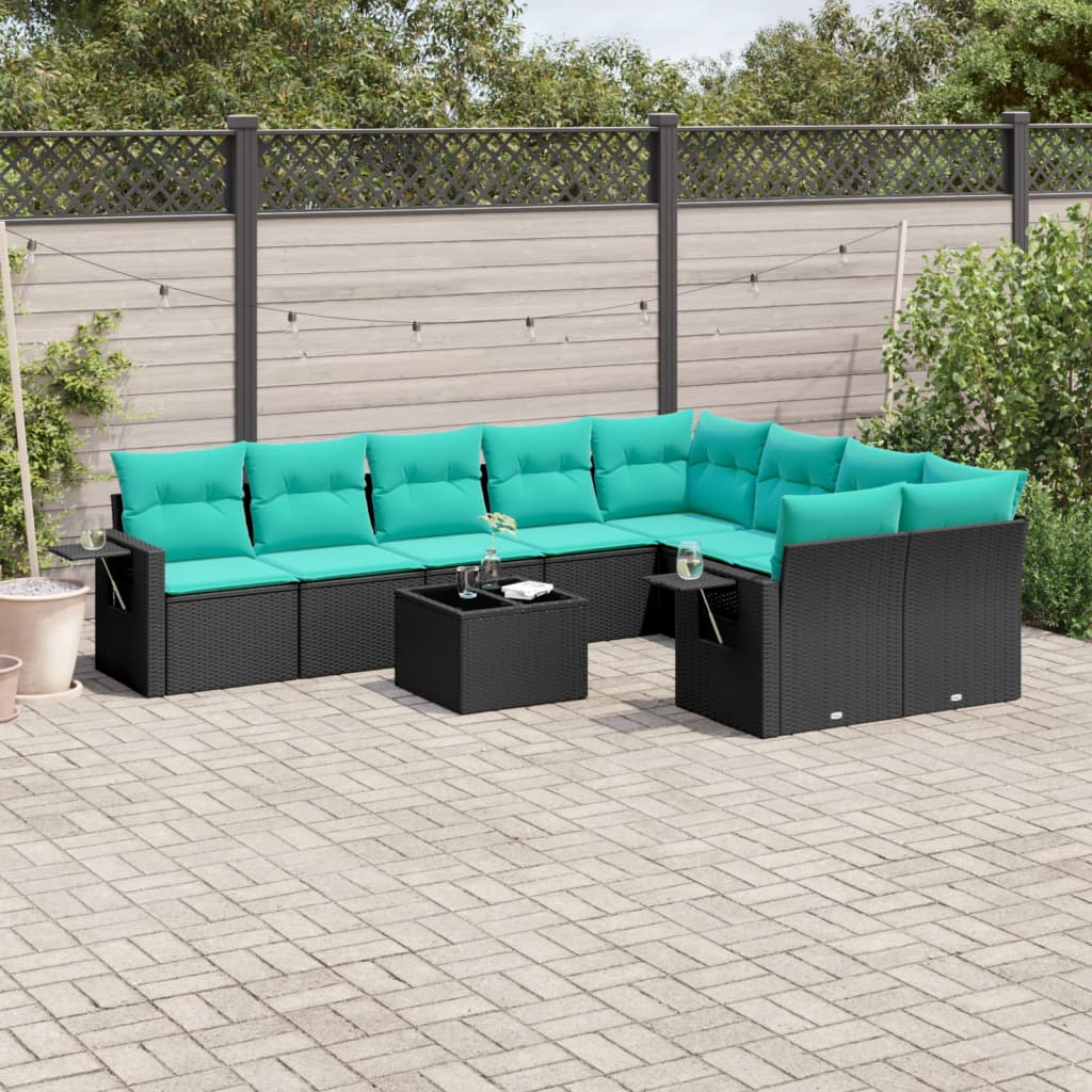 10-teiliges Gartensofa-Set mit Kissen, schwarzes Polyrattan