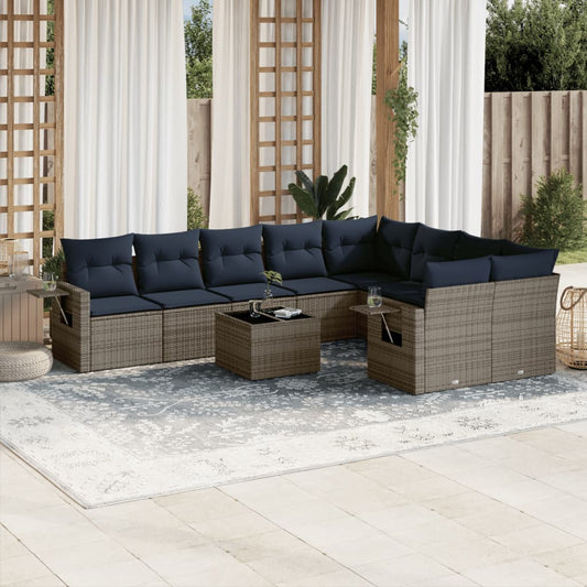 10-teiliges Gartensofa-Set mit Kissen, grau, Polyrattan