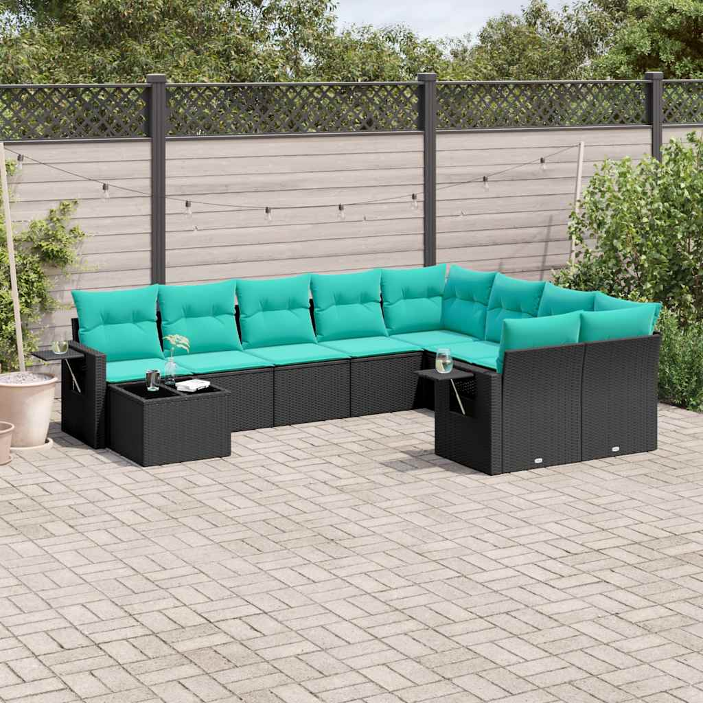 10-teiliges Gartensofa-Set mit Kissen, schwarzes Polyrattan