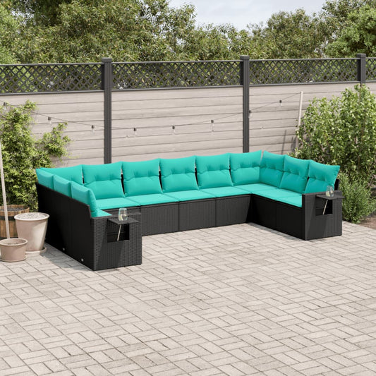 10-teiliges Gartensofa-Set mit Kissen, schwarzes Polyrattan