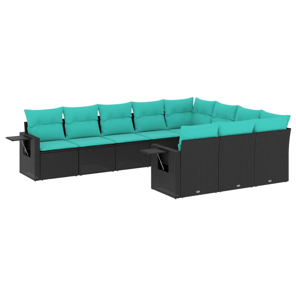 10-teiliges Gartensofa-Set mit Kissen, schwarzes Polyrattan