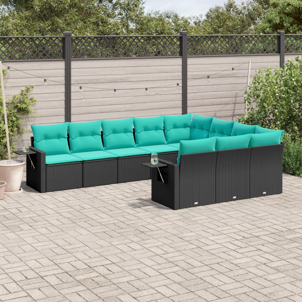 10-teiliges Gartensofa-Set mit Kissen, schwarzes Polyrattan