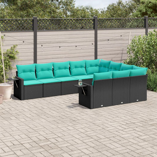 10-teiliges Gartensofa-Set mit Kissen, schwarzes Polyrattan