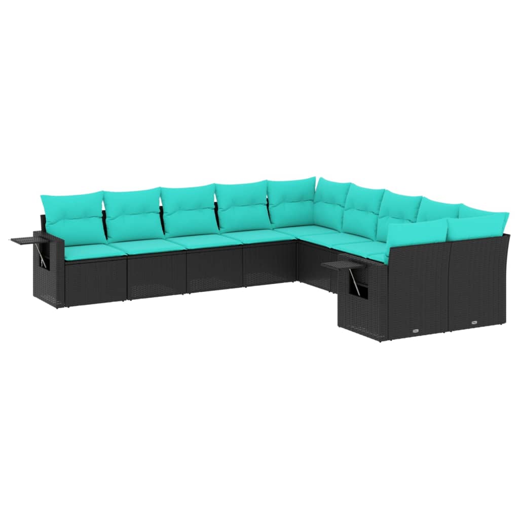 10-teiliges Gartensofa-Set mit Kissen, schwarzes Polyrattan